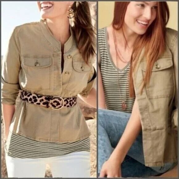 "NWT" Cabi Camp Jacket Sahara "Tan"  Hidden Button Up Peplum Style 5477- Size XS - Picture 1 of 16